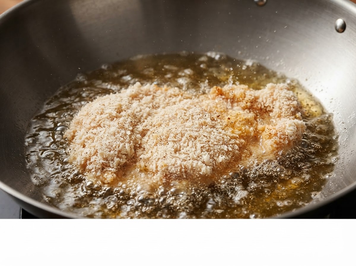 Una cotoletta di pollo impanata che frige in un grande wok pieno di olio da cottura bollente.