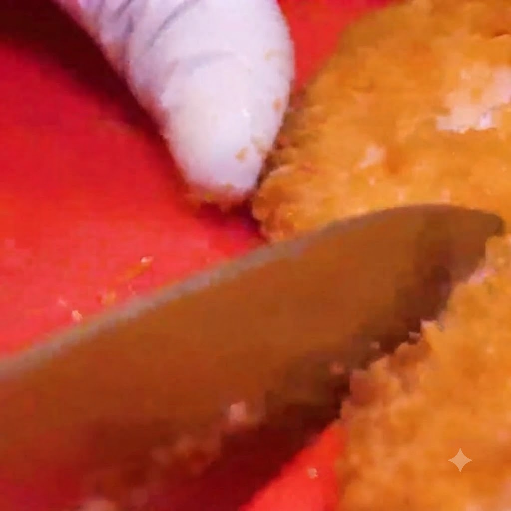 Un coltello che taglia una cotoletta di pollo impanata fritta e dorata su un tagliere rosso vivo.