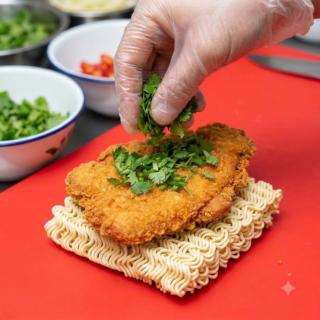Una mano con guanto che sparge prezzemolo verde tritato su una cotoletta di pollo impanata e dorata posizionata sopra noodles istantanei secchi.