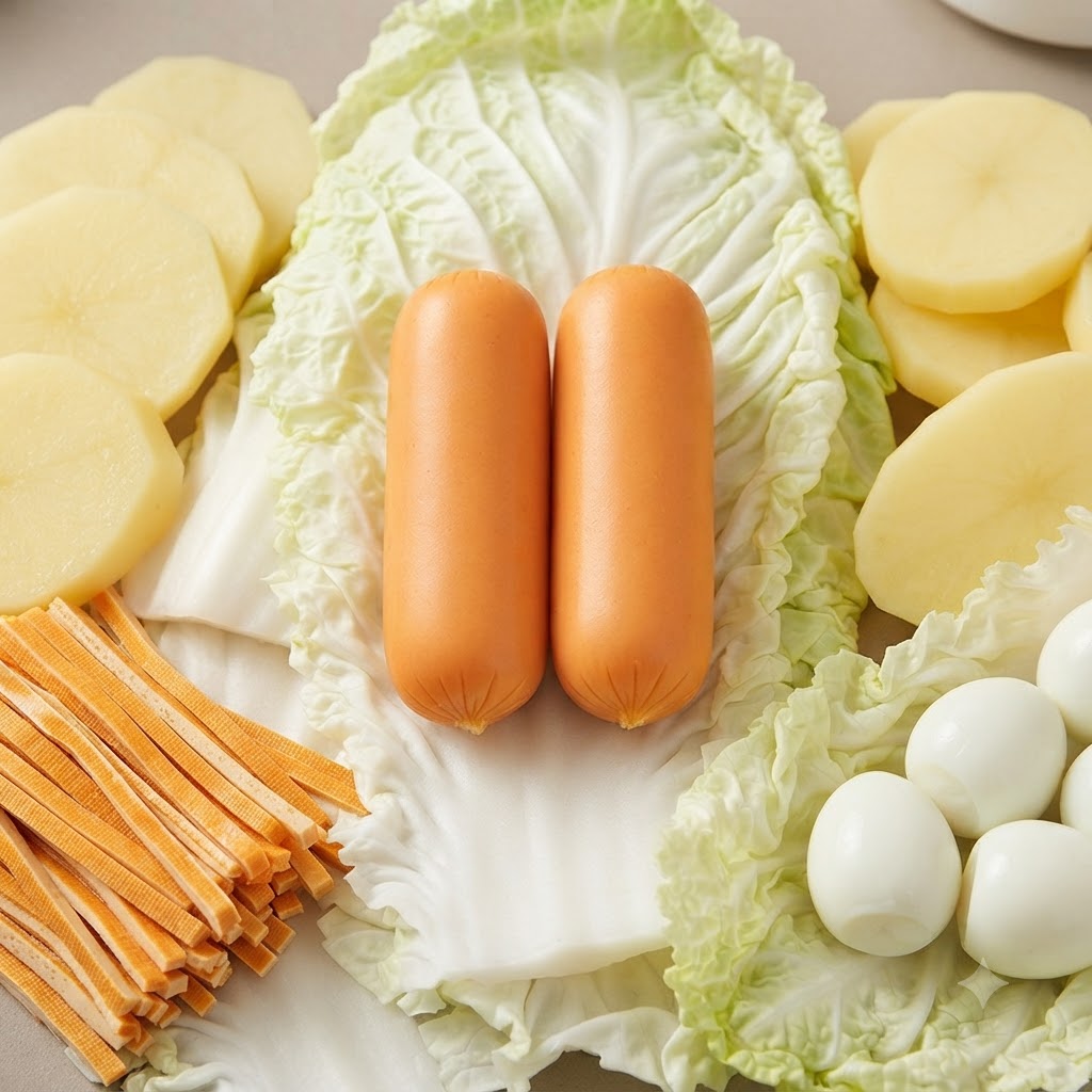 Un assortimento di ingredienti crudi per hot pot tra cui due salsicce, uova di quaglia, patate affettate, strisce di tofu pressato e cavolo napa.