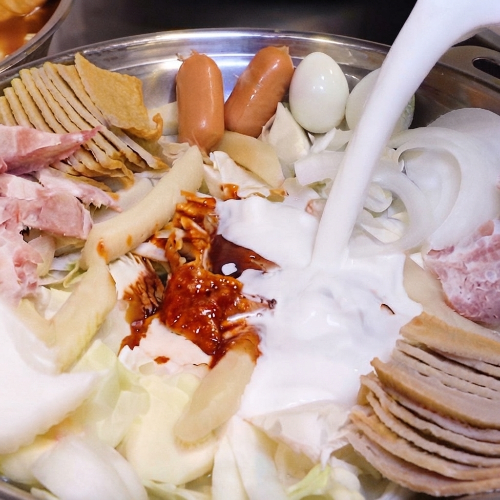Latte bianco fresco versato da una brocca in una padella per hot pot piena di vari ingredienti, salsa piccante e cipolle affettate.