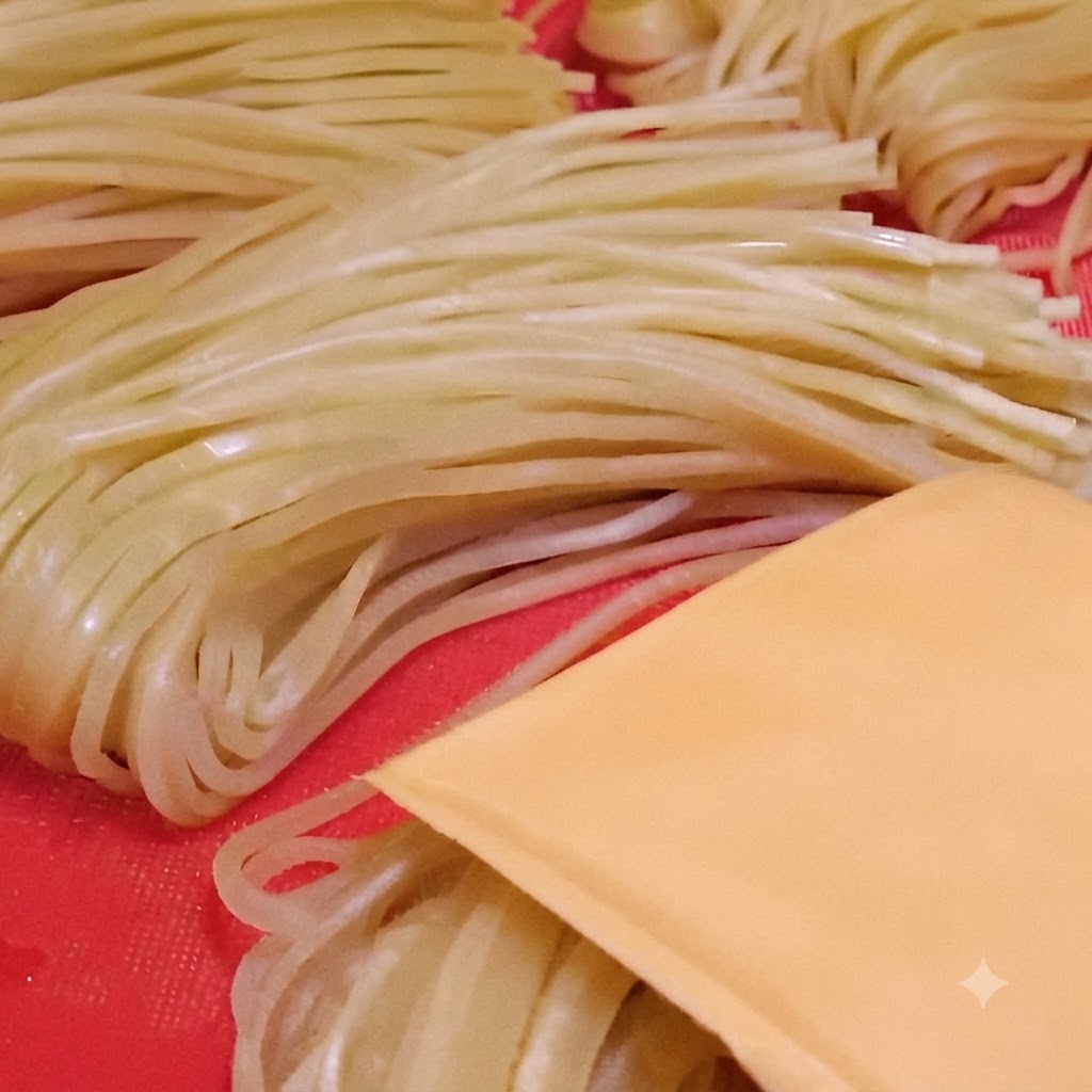 Una fetta di formaggio giallo posizionata sopra noodles italiani cotti e piegati su una superficie rossa.