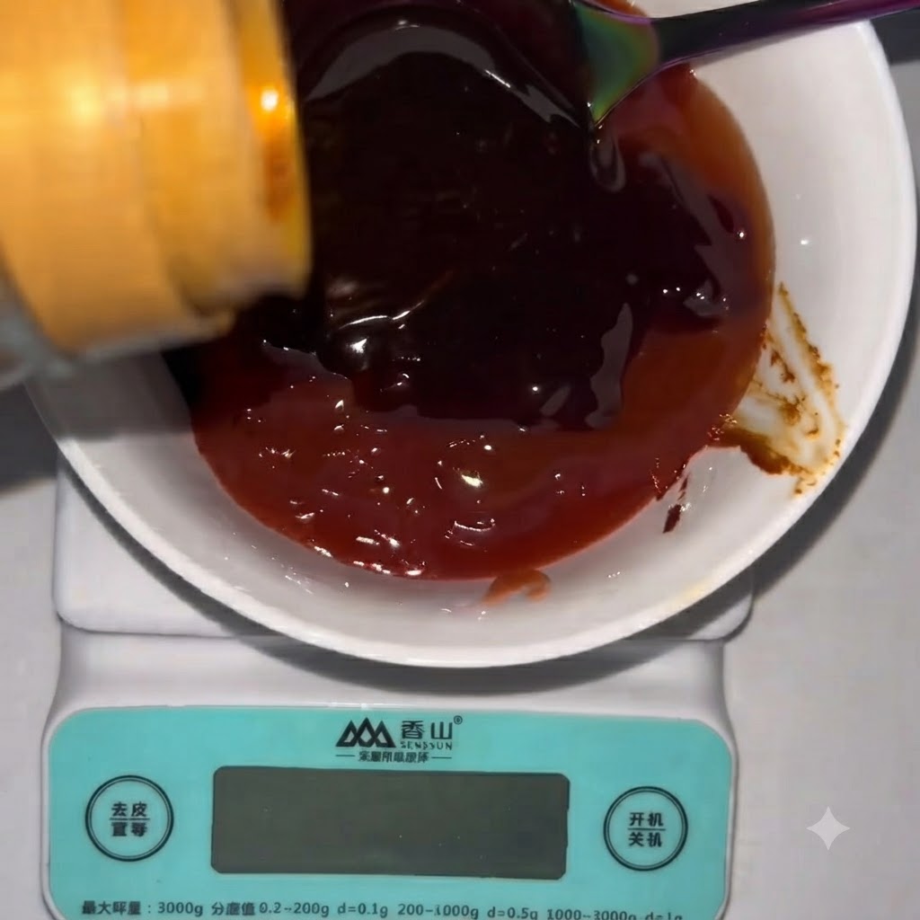 Una bottiglia che versa liquido scuro di salsa di soia chiara nella ciotola di miscelazione sulla bilancia.