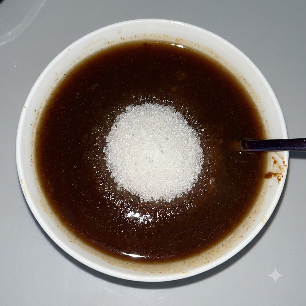 Un mucchio di zucchero sembianze bianco sopra la salsa marrone scuro nella ciotola bianca.