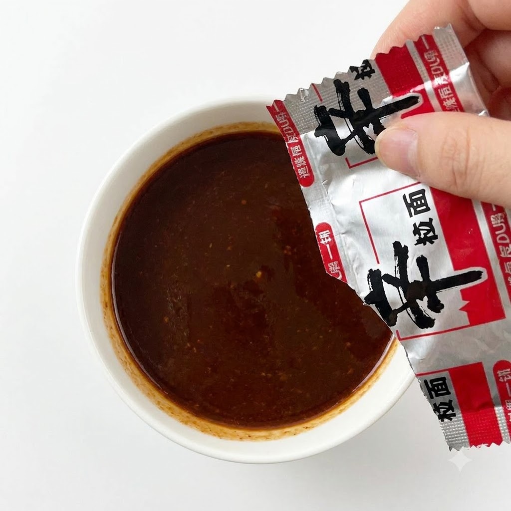 Una mano che apre e versa una bustina di condimento per ramen piccante rosso e argento nella ciotola di salsa preparata.