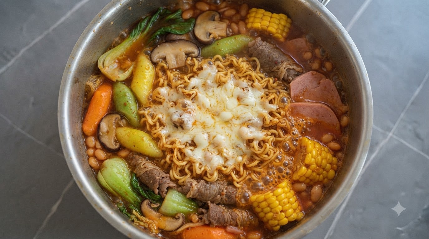 Una pentola ribollente di stufato militare coreano con noodle ramen, fette di manzo, gnocchi di riso al formaggio e formaggio fuso