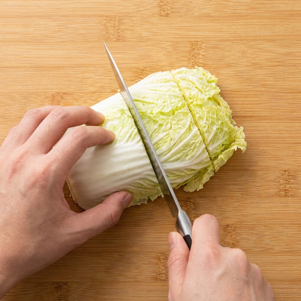 Cavolo tagliato a grossi pezzi con un coltello da cucina su un tagliere di legno.