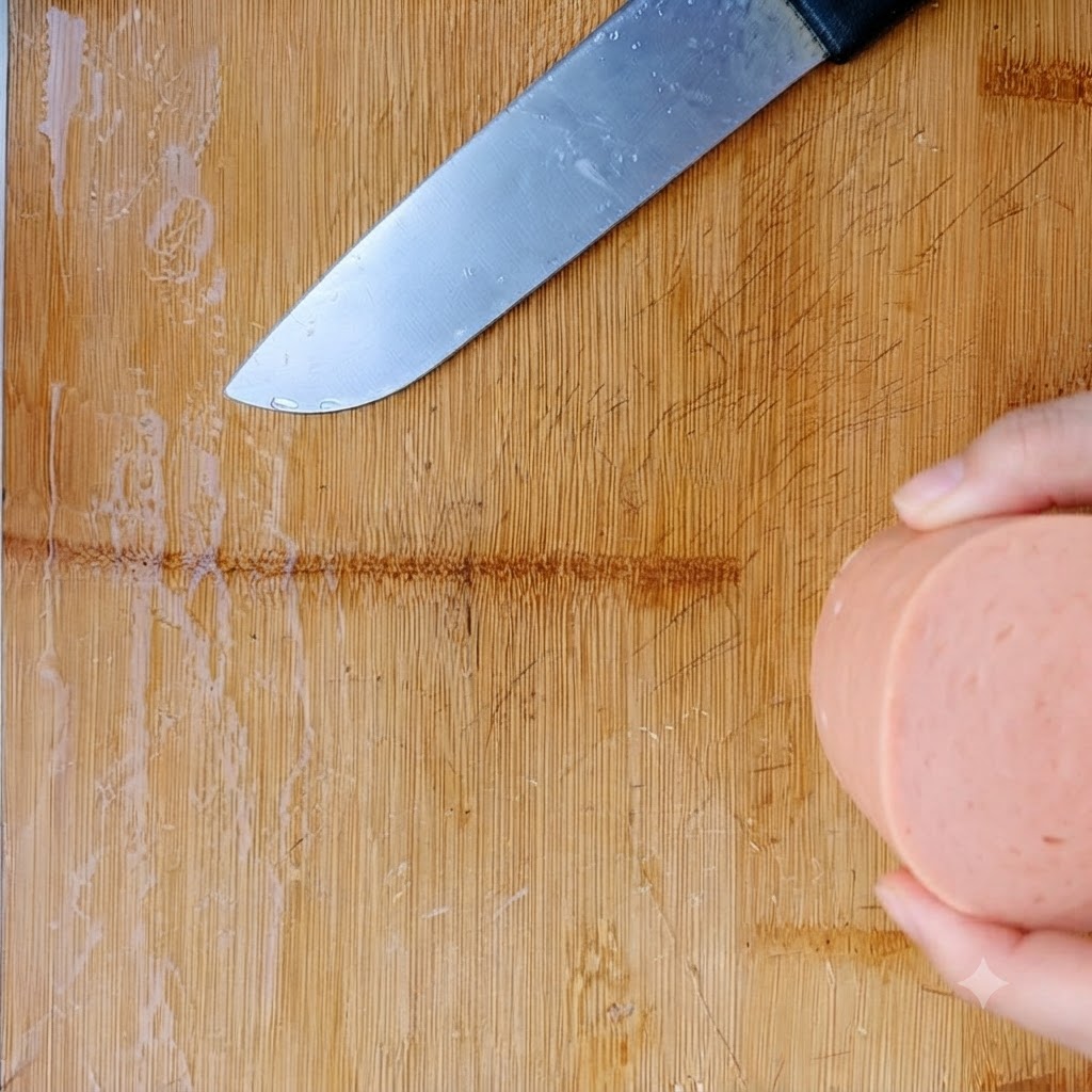 Fette spesse di carne in scatola appoggiate su un tagliere di legno accanto a un coltello.