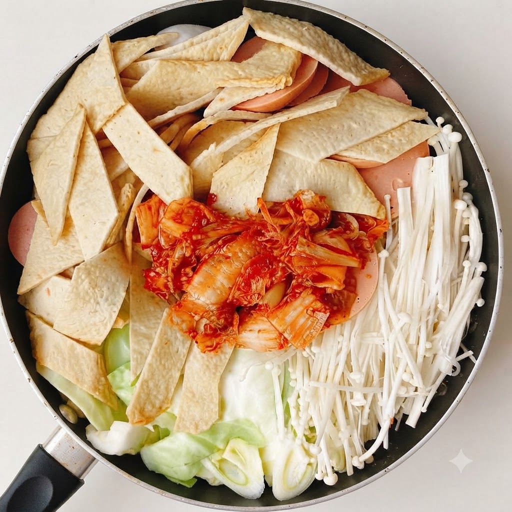 Salsa piccante coreana e kimchi posti al centro degli ingredienti disposti nella padella.