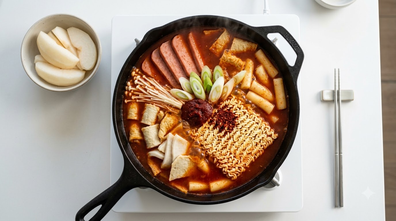 Budae Jjigae (Stufato dell'Esercito Coreano) con Torta di Riso