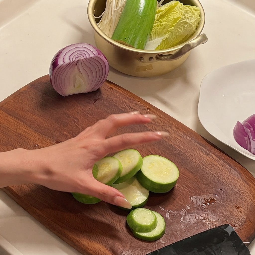 Fette di zucchina disposte su un tagliere di legno accanto a mezza cipolla.