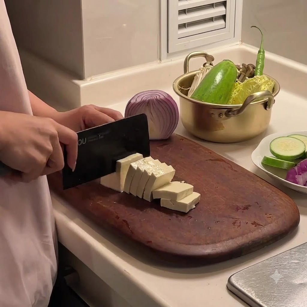 Un blocco di tofu fermo tagliato a pezzi rettangolari su un tagliere di legno.