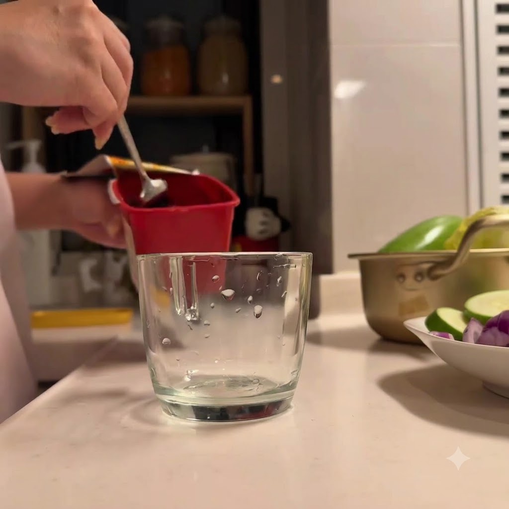 Pasta di peperoncino coreana e altri condimenti versati in una tazza di vetro.