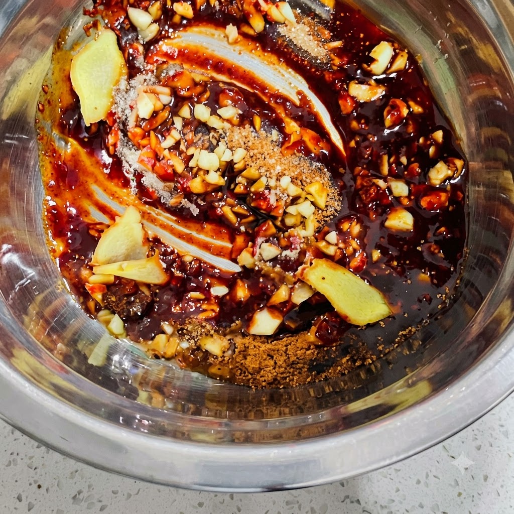 Una ciotola contenente pasta di peperoncino, aglio tritato, fette di zenzero e condimenti in polvere mescolati insieme.