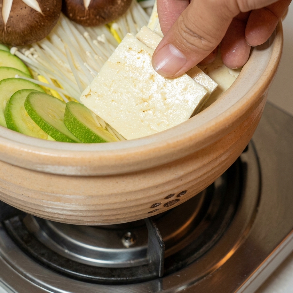 Fette di tofu fermo disposte allinterno della pentola di cottura.