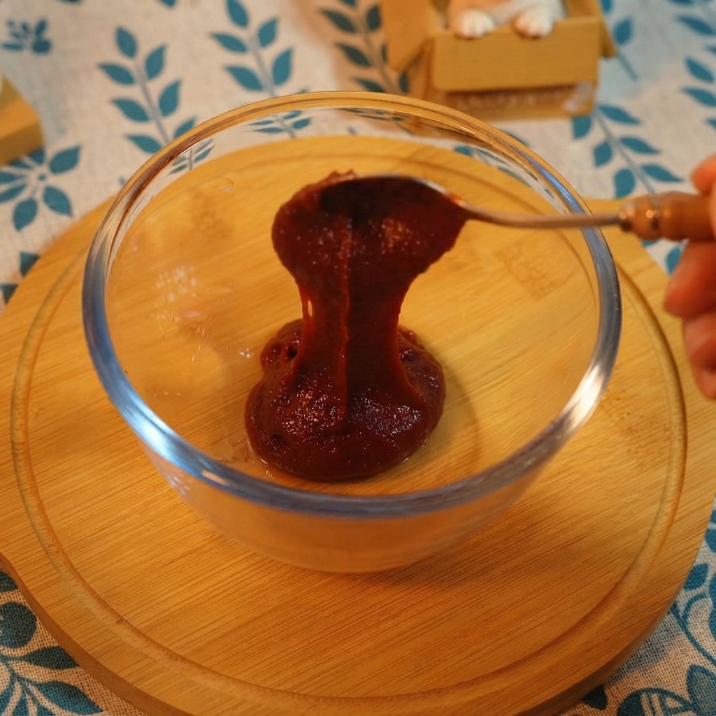 Pasta di peperoncino coreano, ketchup, sale e salsa di soia chiara mescolati in una ciotola di vetro con la bibita.