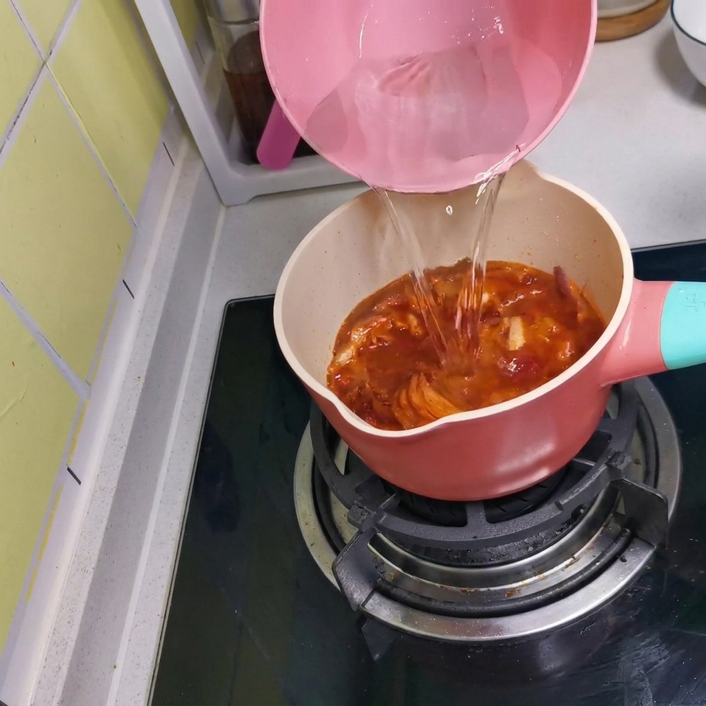 Acqua calda versata da una brocca rosa nella pentola per formare la base della zuppa.