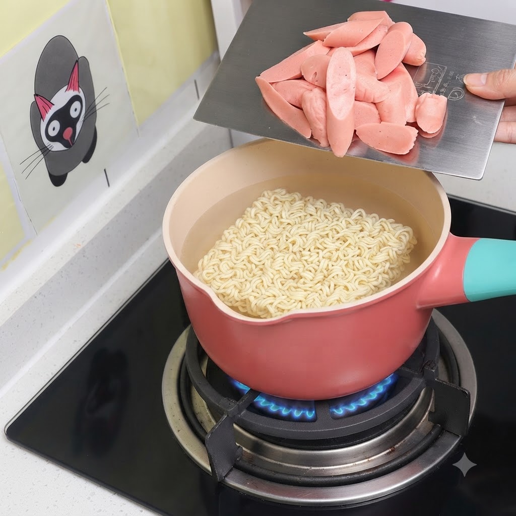 Salsicce rosa affettate trasferite da un vassoio di metallo in una pentola rosa contenente noodles bollenti e brodo.