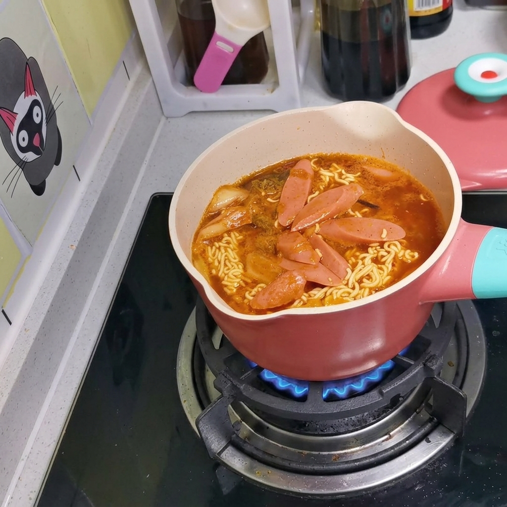Una pentola rosa su un fornello contenente noodles, brodo e fette di salsiccia durante la cottura.