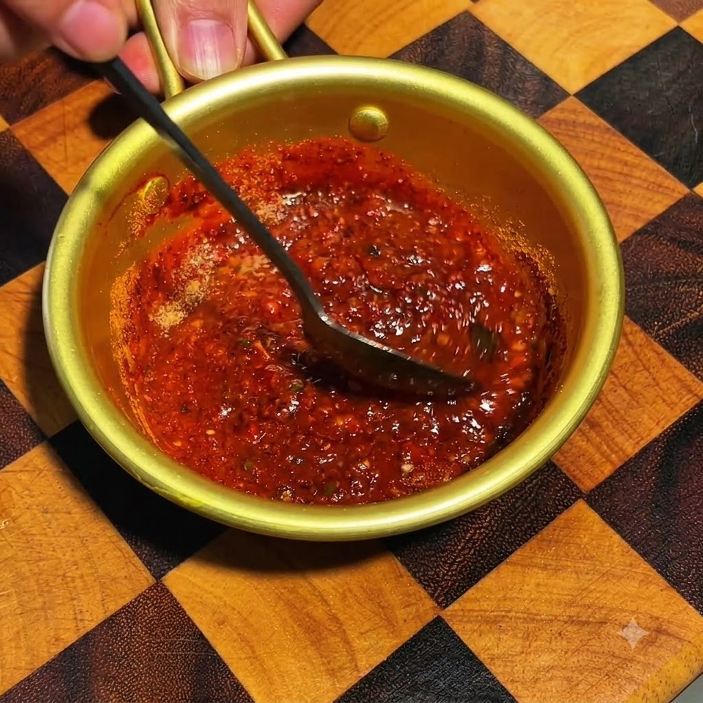 Un cucchiaio scuro che mescola un denso composto di salsa mala rossa allinterno di una ciotola di metallo dorata.