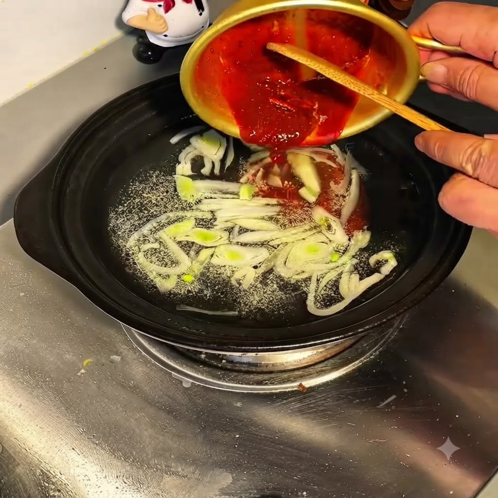 Il composto di condimento mala rosso versato da una ciotola dorata nella pentola di acqua bollente e cipollotti.