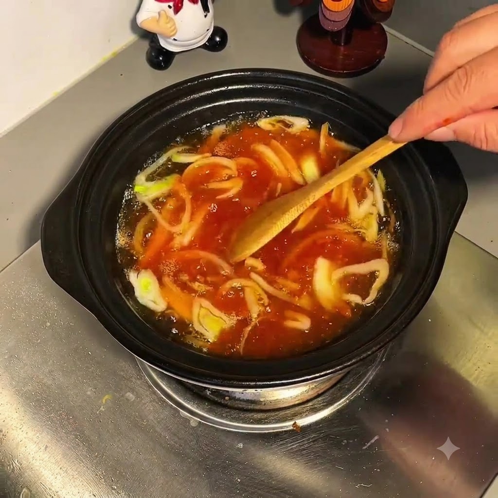 Un utensile di legno che mescola il brodo bollente con i cipollotti e la salsa sciolta.