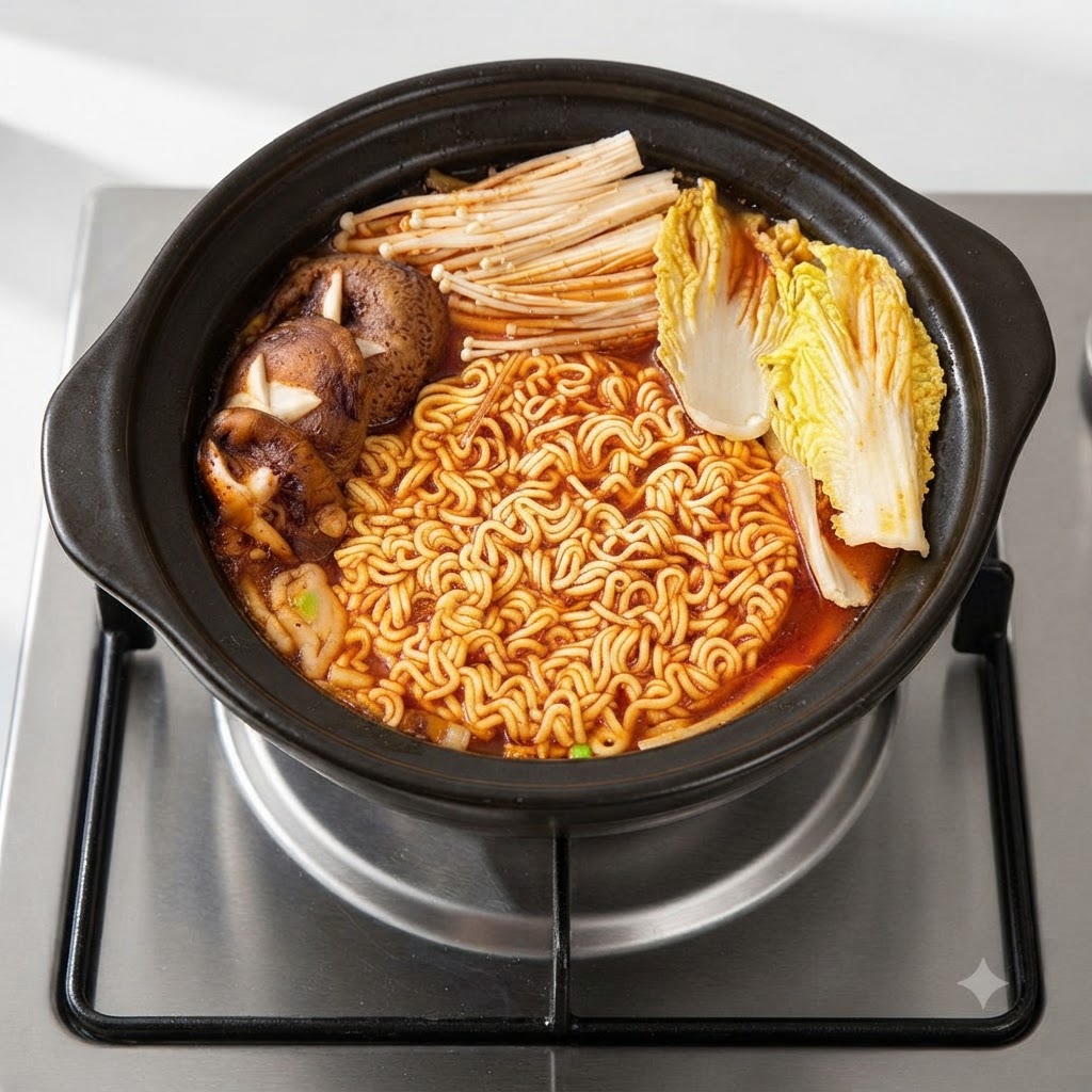 Una pentola piena di noodles ramen, funghi enoki, funghi shiitake e cavolo cinese che sobbollono nel brodo rosso.