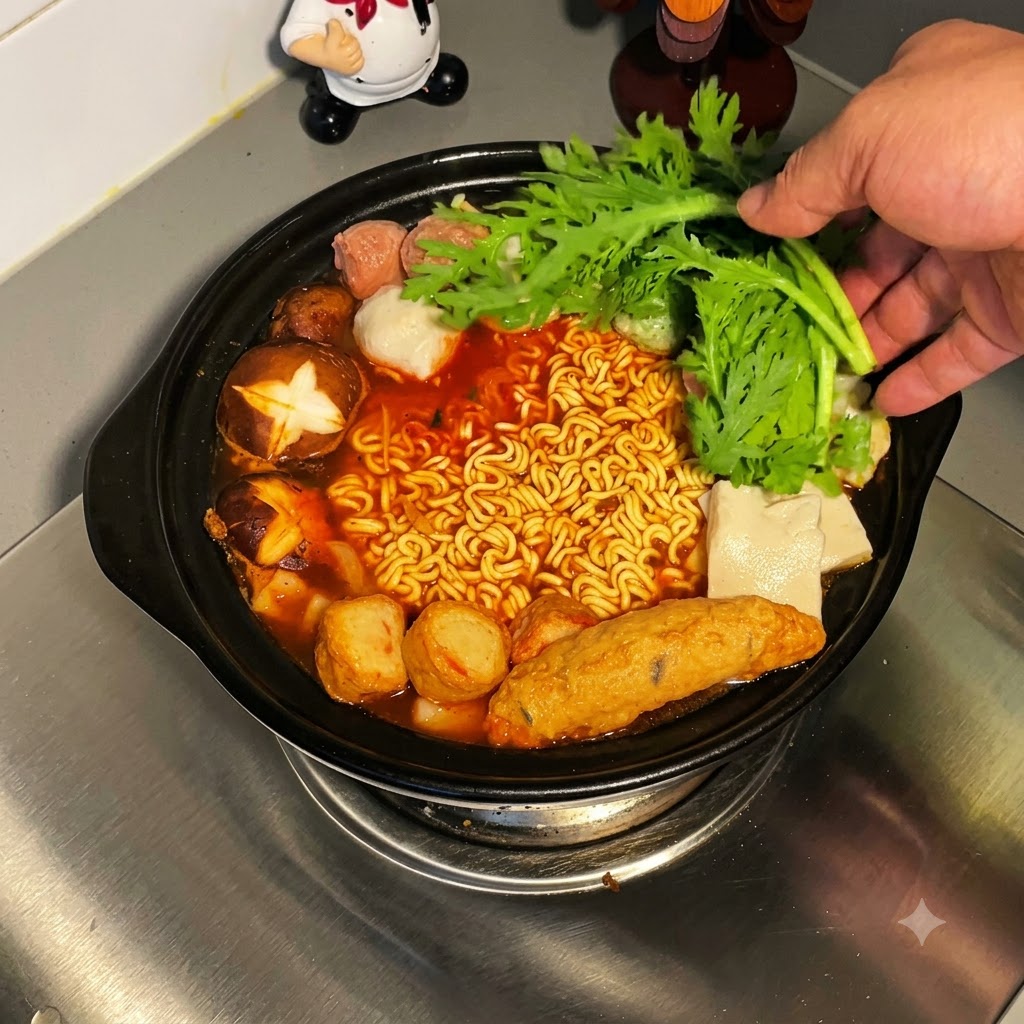 Verdure a foglia verde fresche aggiunte a mano nello stufato di noodles rosso bollente in una pentola nera.