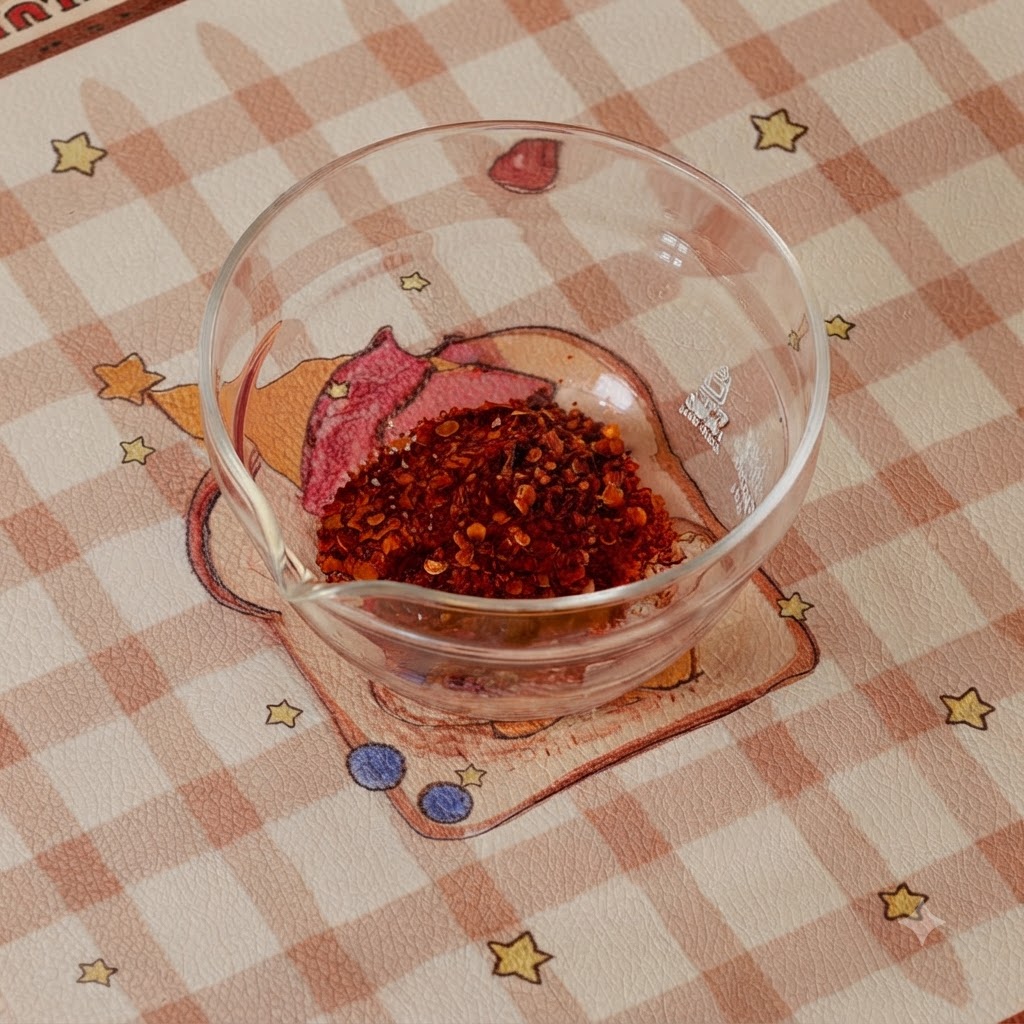 Pasta di peperoncino coreano, peperoncino in polvere, zucchero, olio di sesamo, salsa di ostriche e salsa di soia mescolate insieme con acqua in una ciotola di vetro.