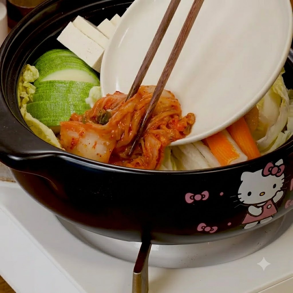 Kimchi e manzo grasso affettato aggiunti agli ingredienti disposti allinterno della pentola usando le bacchette.