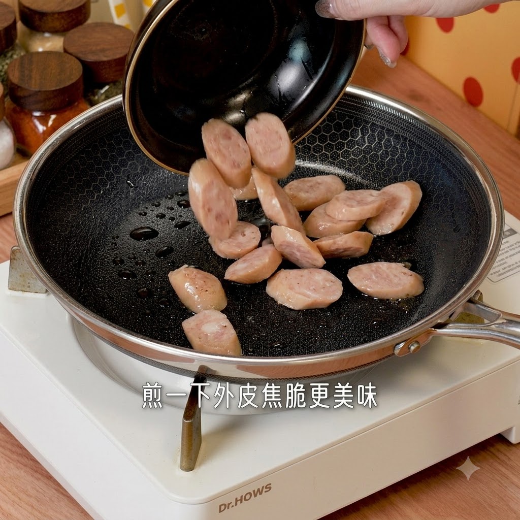 Fette di salsiccia versate e saltate in padella fino a doratura.