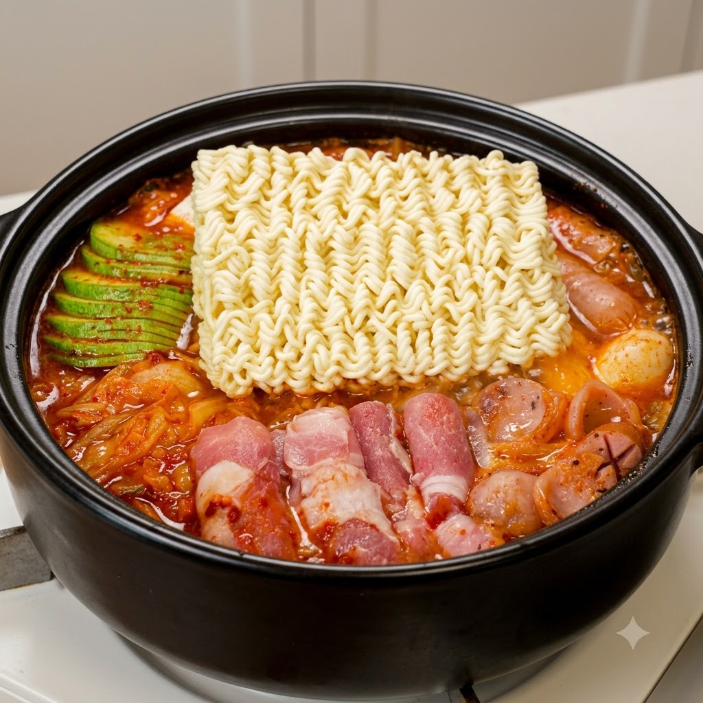 Un panetto di noodles istantanei posizionato nella pentola bollente insieme a verdure e carne affettate.