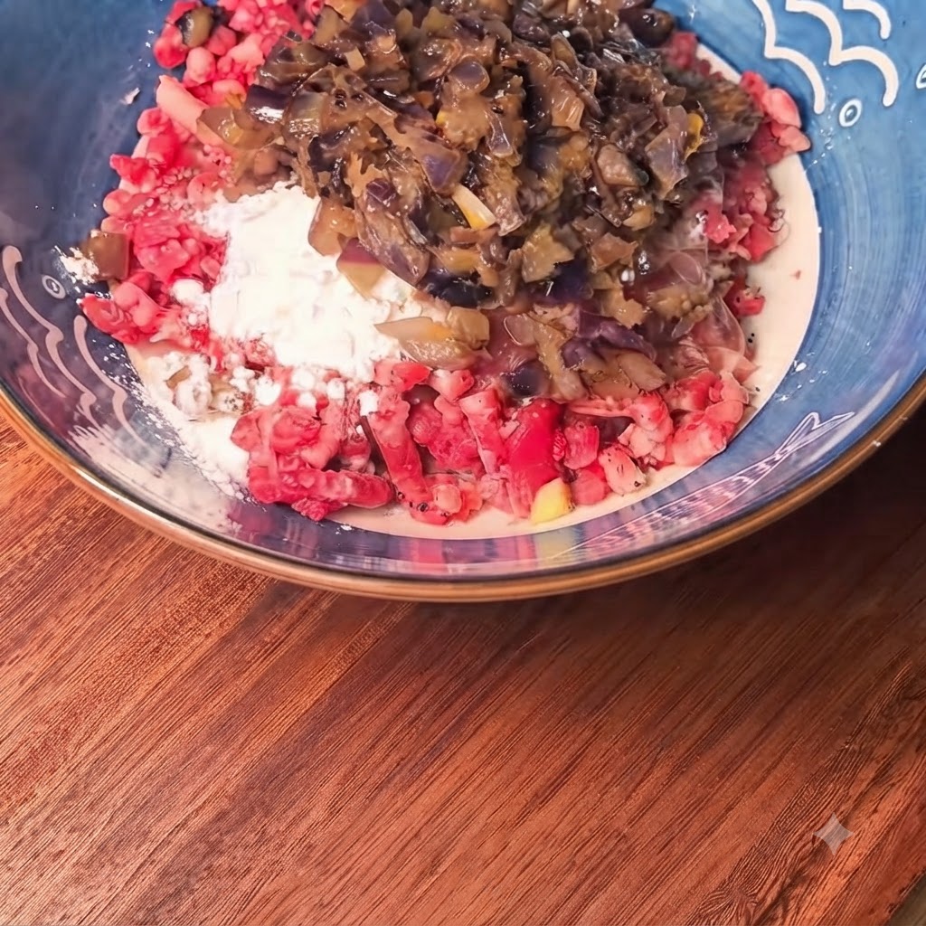 Carne macinata condita combinata con amido di mais, uovo e cipolle rosolate in una ciotola blu mentre viene mescolata.