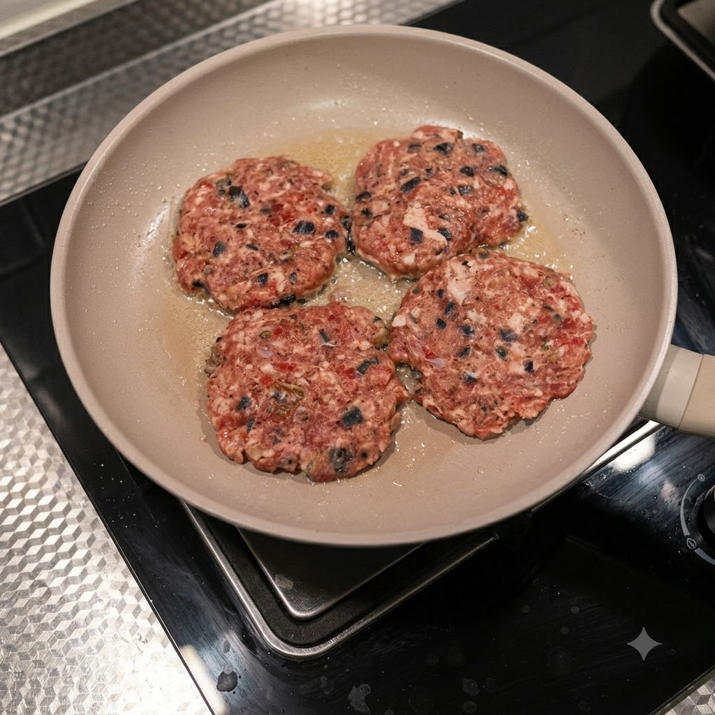 Quattro spesse polpette di carne condite che cuociono in una padella antiaderente con olio.