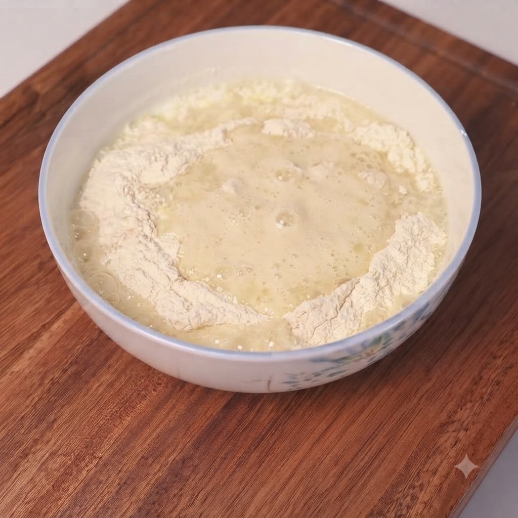 Una ciotola riempita di farina, ingredienti liquidi e miscela di lievito pronta per essere impastata su un tagliere di legno.