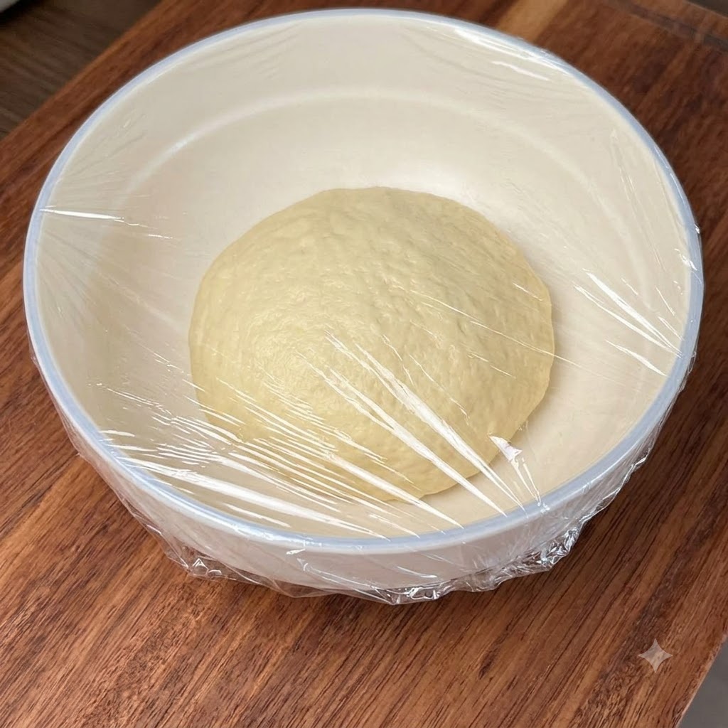 Una palla di impasto liscia che riposa allinterno di una ciotola bianca coperta ermeticamente con pellicola trasparente.