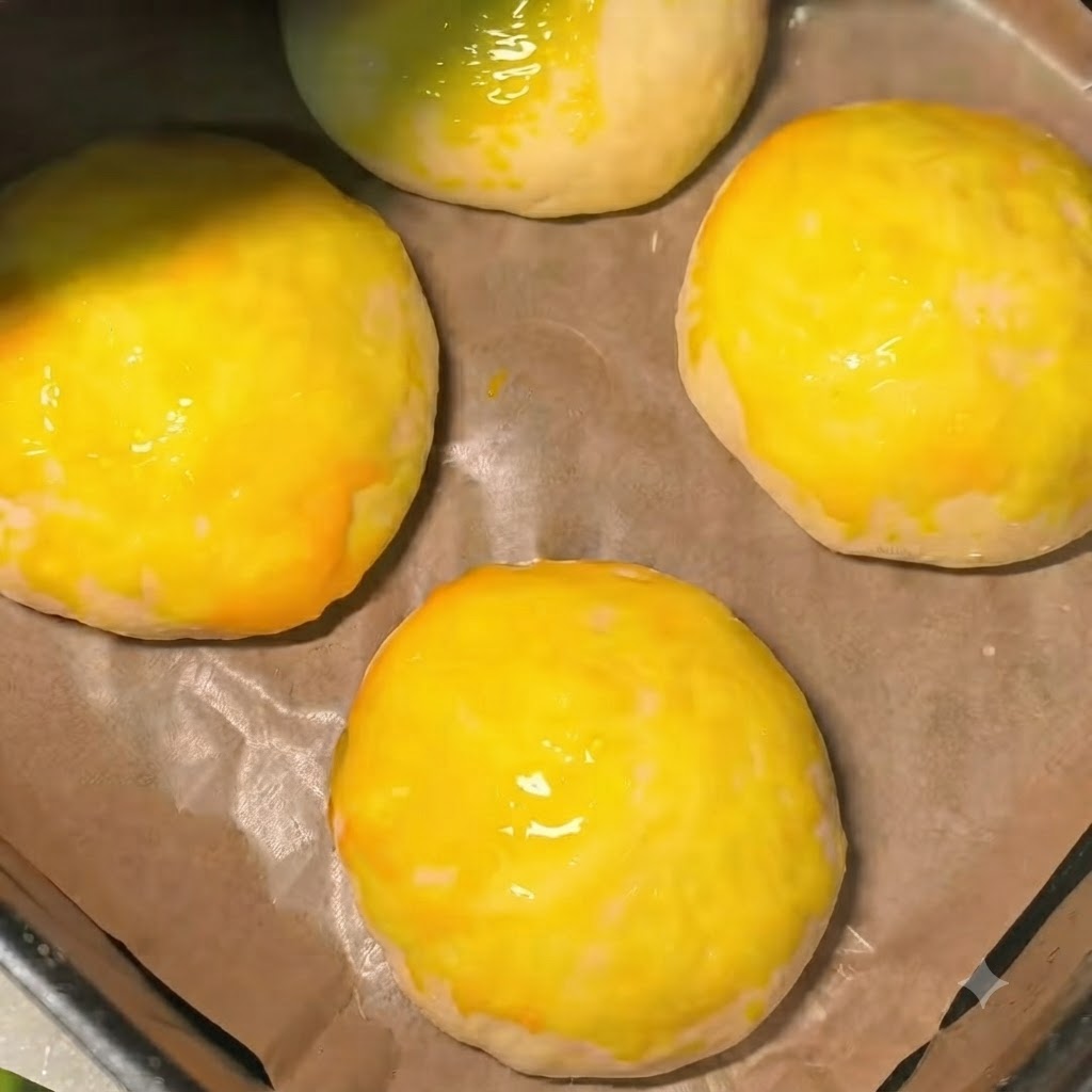 Palline di impasto modellate su carta da forno spennellate con un uovo sbattuto giallo.