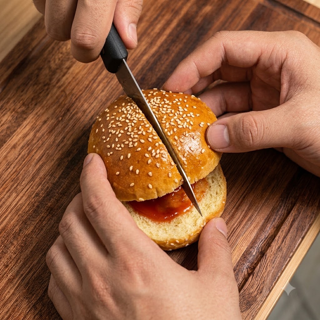 Un coltello che taglia un panino per hamburger dorato ricoperto di sesamo su un tagliere di legno con ketchup visibile allinterno.