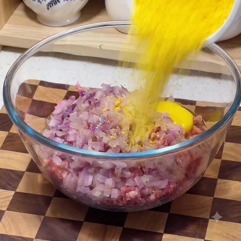 Una grande ciotola di vetro riempita di carne macinata di manzo, cipolle tritate e un uovo mentre viene versato del pangrattato giallo.