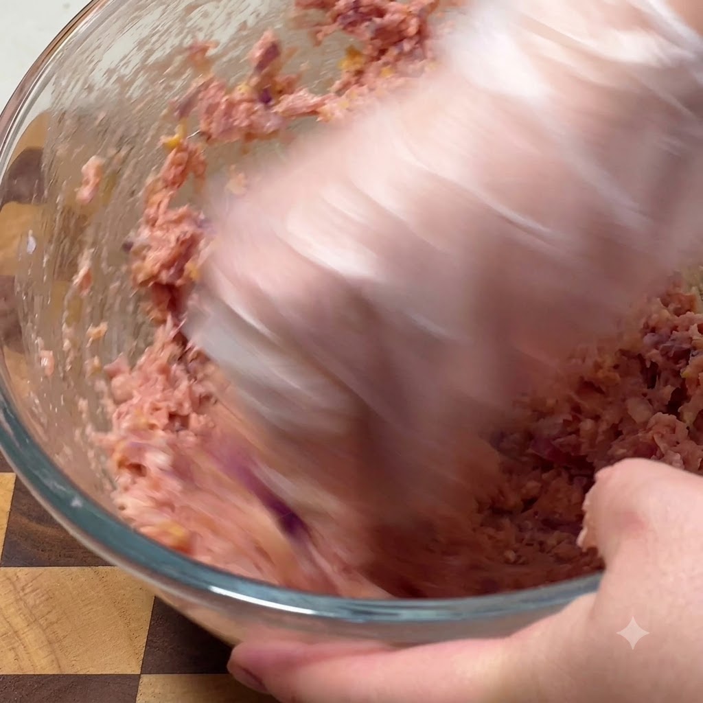 Una mano con il guanto che mescola e impasta attivamente la carne macinata allinterno di una ciotola di vetro.