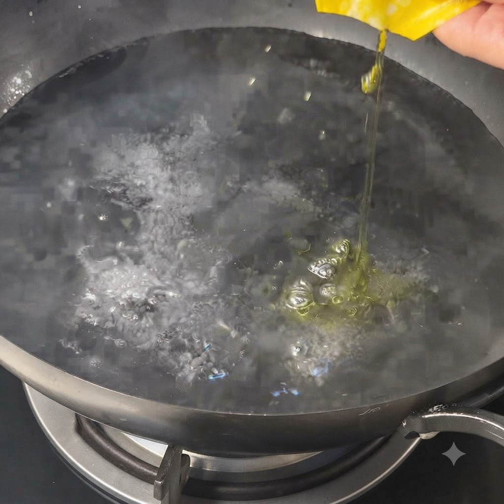 Olio doliva versato in una pentola di acqua bollente e frizzante sul fuoco.