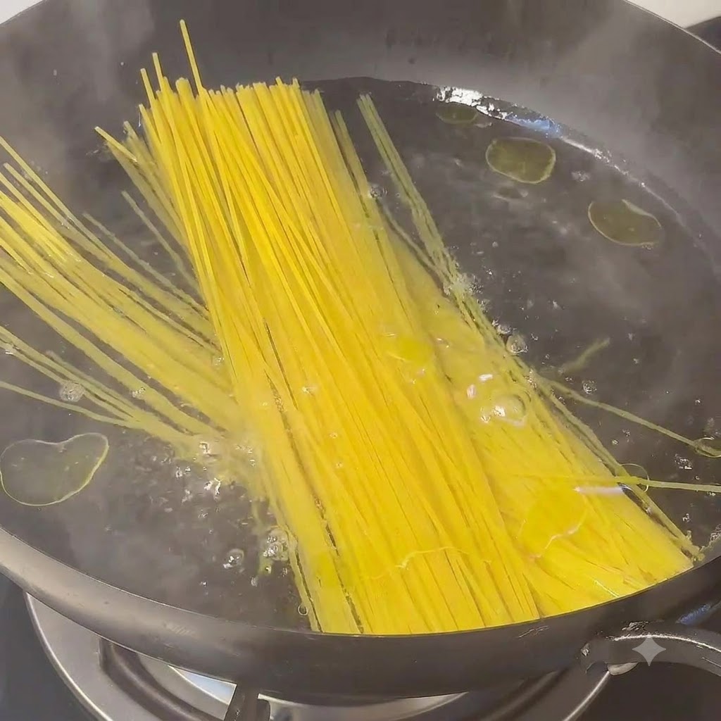 Un mazzetto di spaghetti gialli lunghi che vengono immersi in una pentola di acqua bollente.