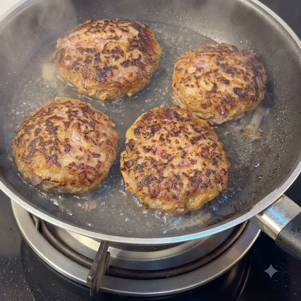 Quattro hamburger dorati che cuociono a fuoco lento con acqua in padella sotto il vapore.
