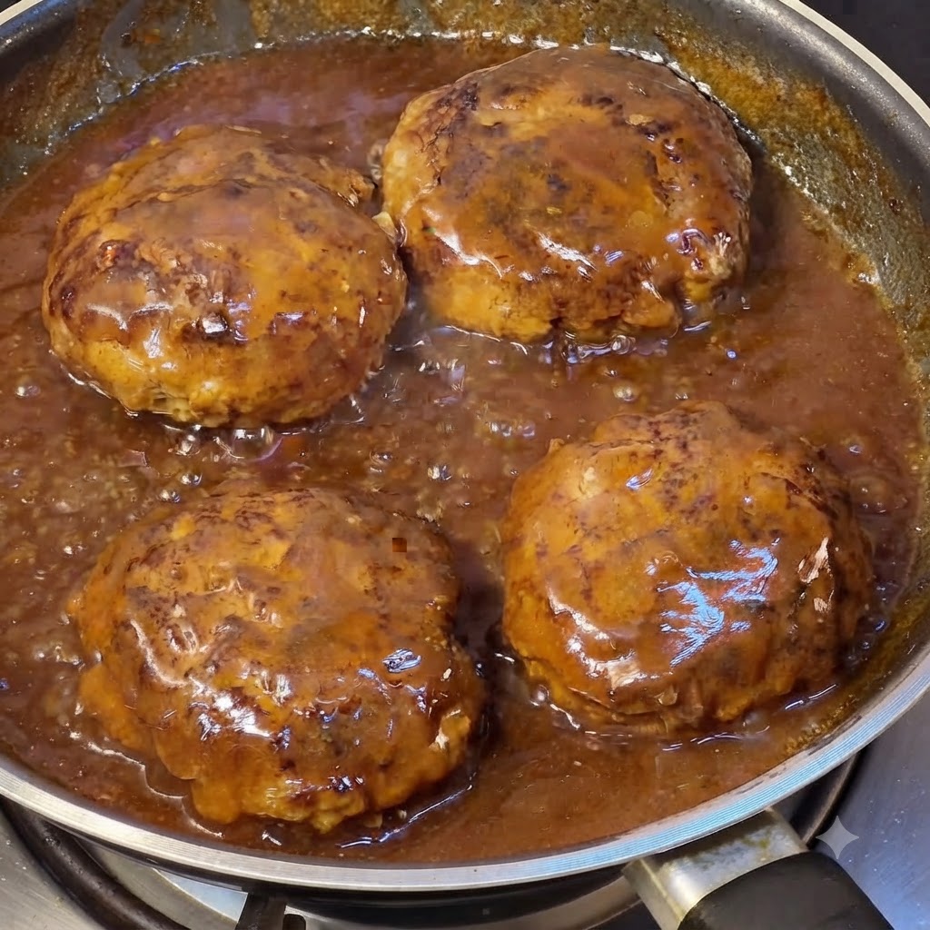 Hamburger che cuociono a fuoco lento e vengono spennellati con una ricca salsa marrone allinterno della padella.