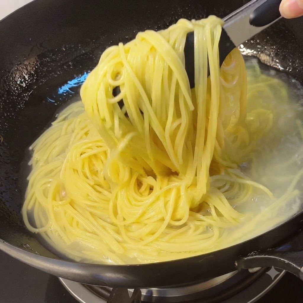 Spaghetti cotti sollevati con le tenaglie da una pentola dacqua a una padella.