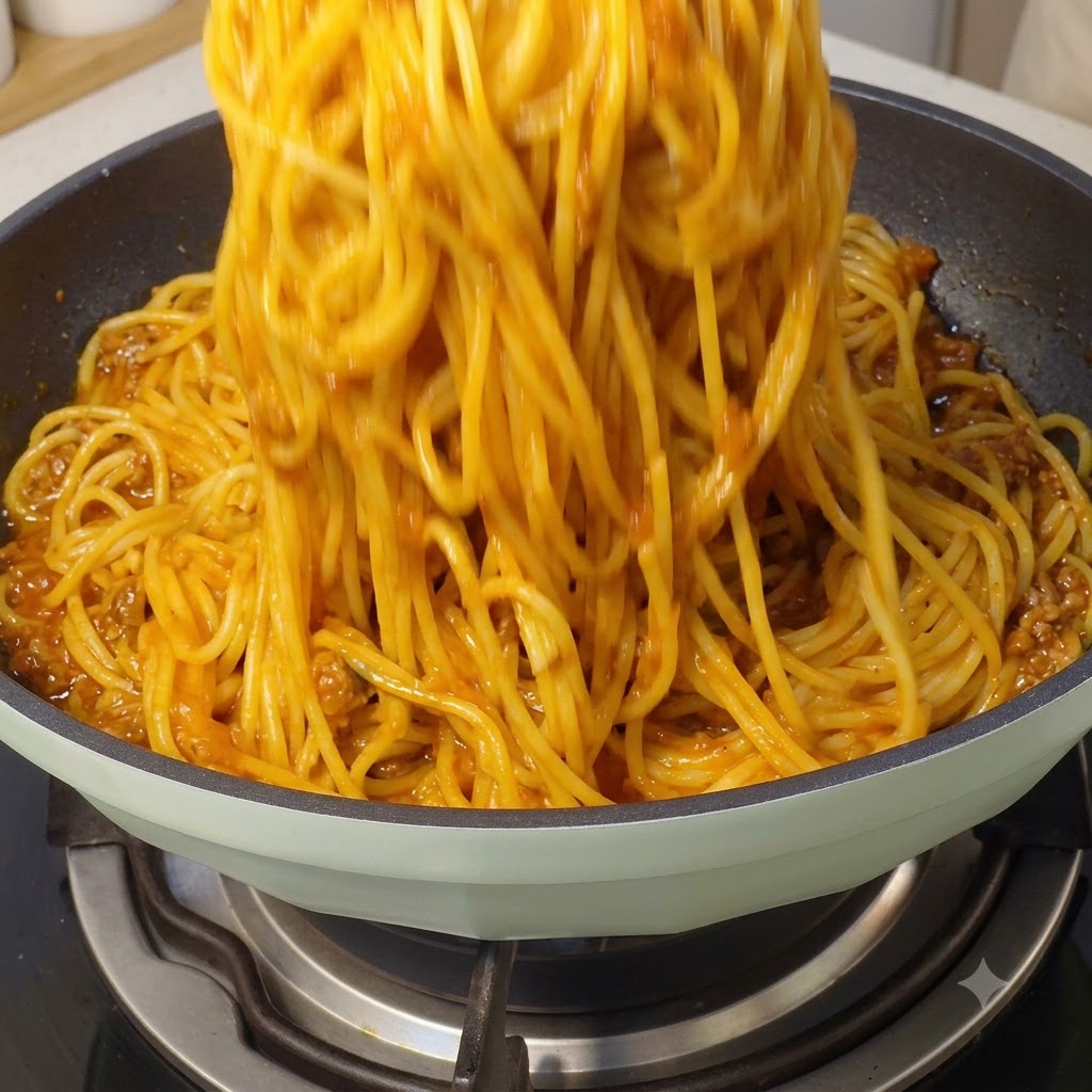 Noodle di spaghetti saltati e mescolati accuratamente con la salsa in una padella.