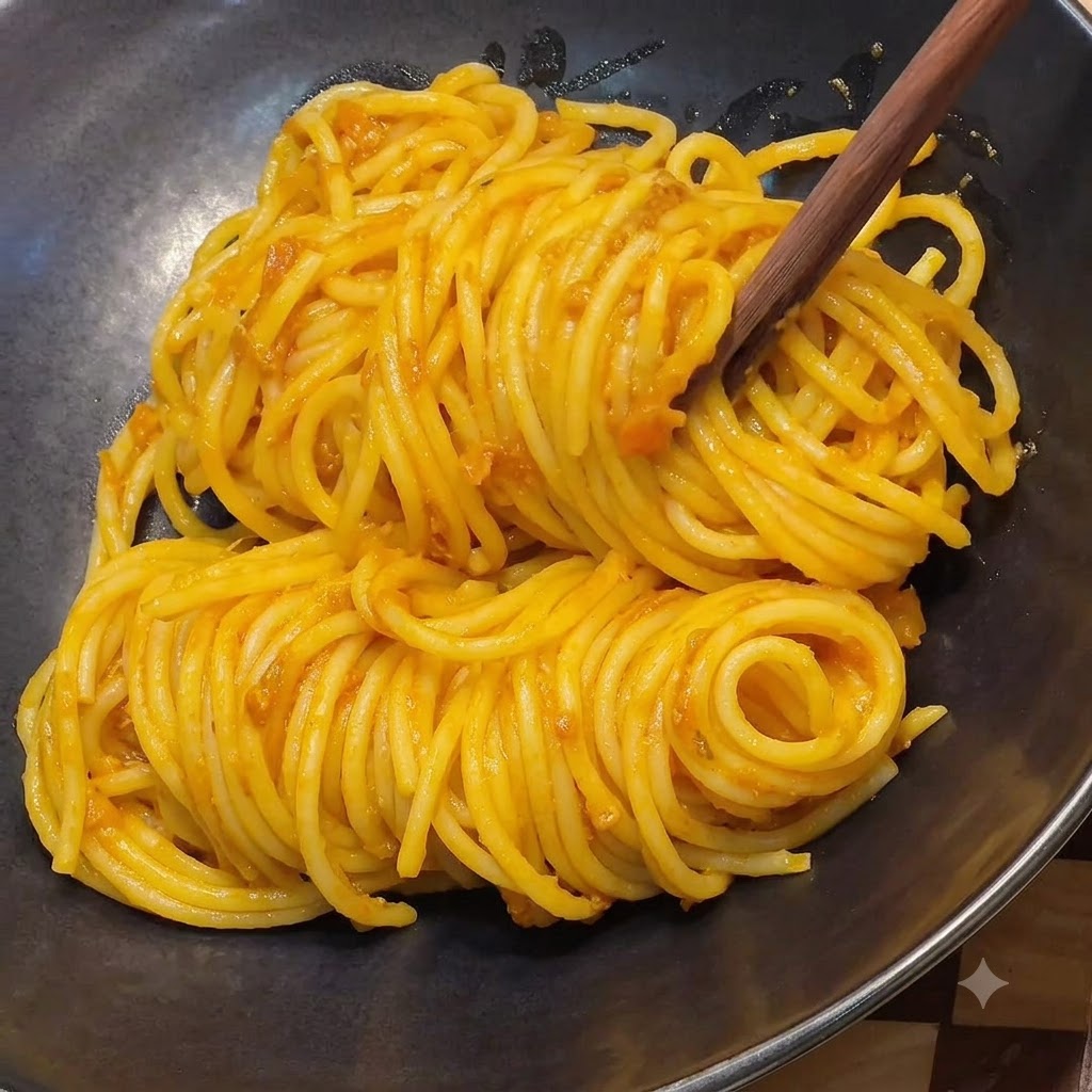 Spaghetti saltati disposti ordinatamente in una ciotola da portata scura con delle bacchette.