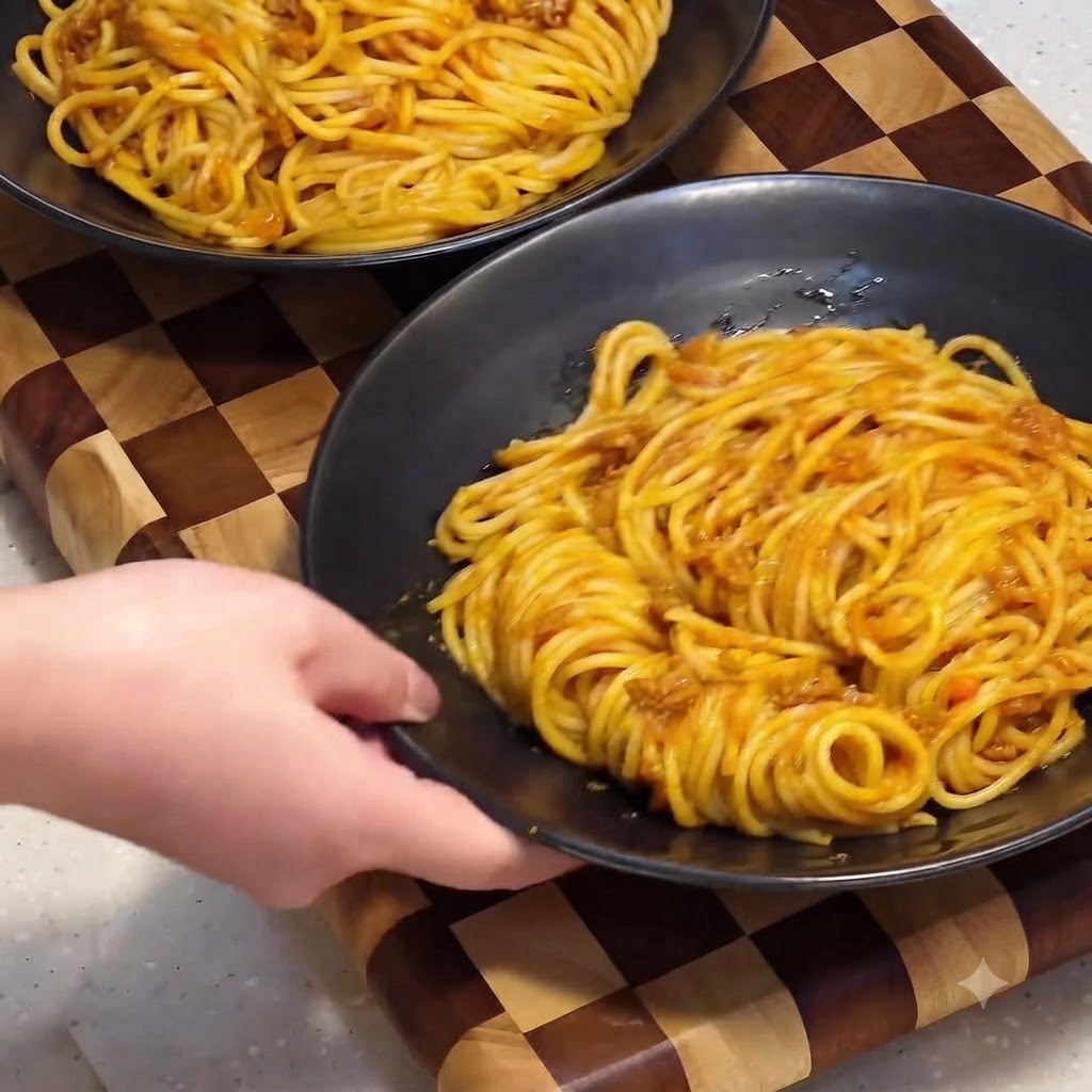 Una fetta di formaggio giallo posizionata direttamente su una ciotola di pasta condita.