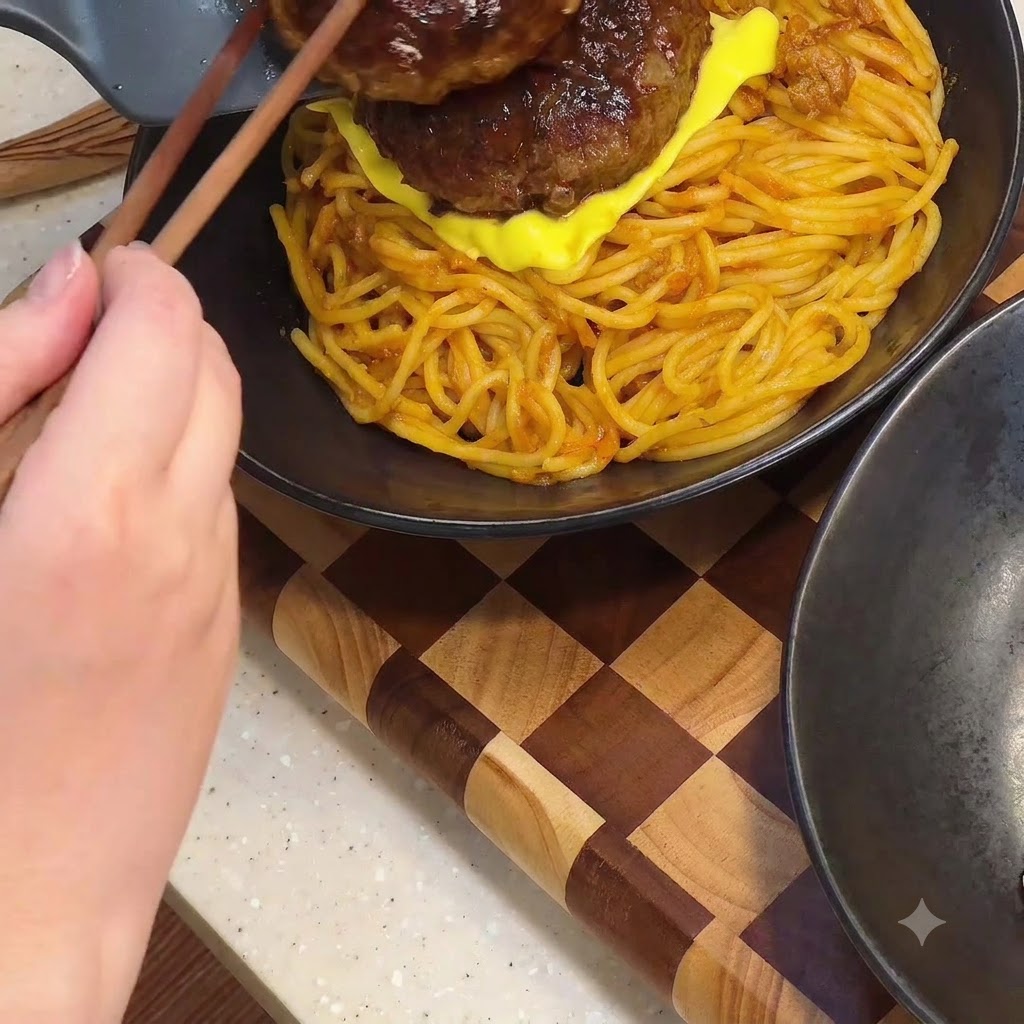Doppi hamburger glassati posizionati con le bacchette sulla pasta coperta di formaggio.