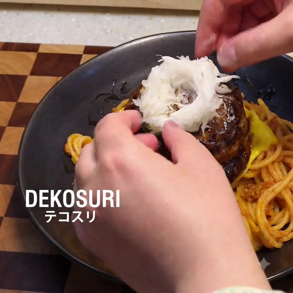 Un tuorlo duovo inserito in un nido di ingredienti grattugiati sopra gli hamburger impilati.